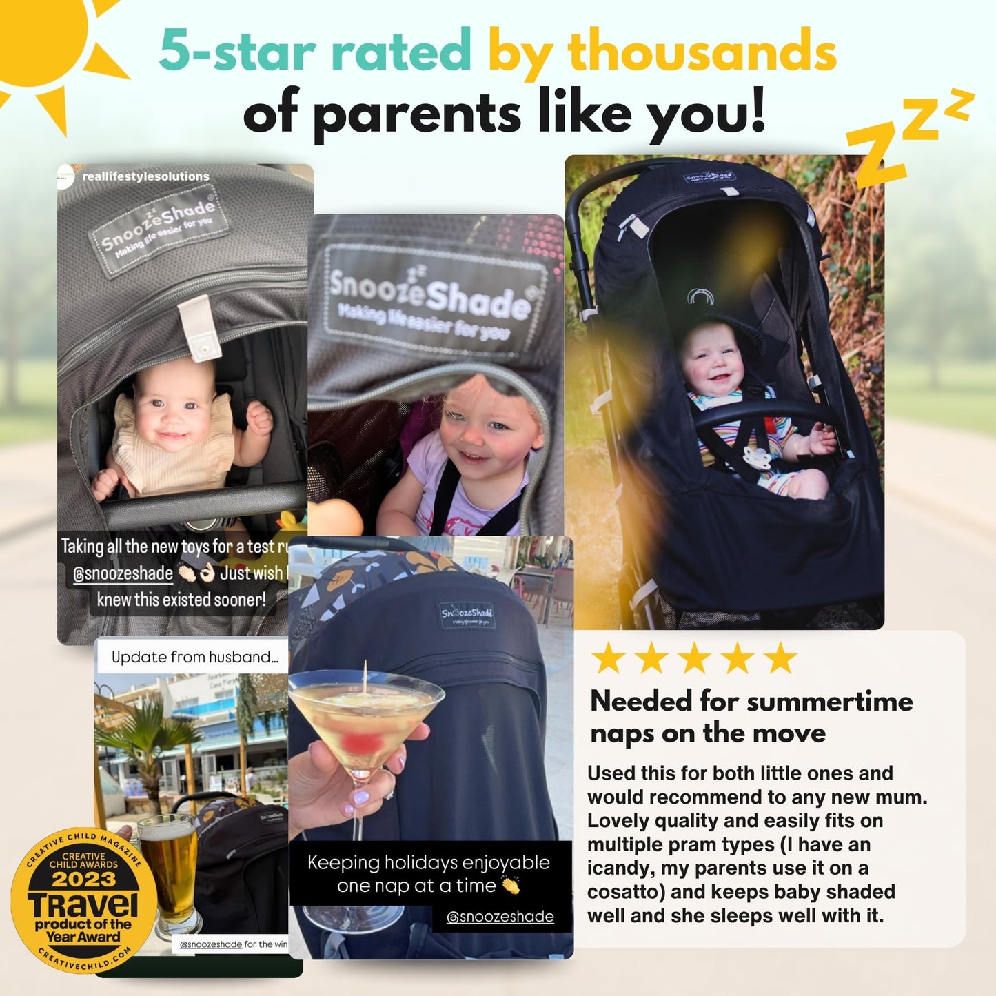 SnoozeShade Plus Extra Pram and Stroller Sun Shade Cover Blocks 99% UV UPF50+ Baby Sleep Aid and Breathable Blackout Canopy for Pushchairs Buggies and Travel Strollers