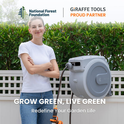 Giraffe Tools Retractable Garden Hose Reel, 5/8 in x 90 ft Heavy Duty Hose Reel With 9 Pattern Nozzle, Any Length Lock, Wall Mount Water Hose Reel, 180°Swivel, Light Grey