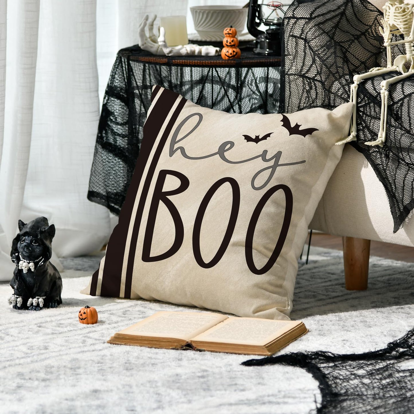 AVOIN colorlife Halloween Hey Boo Cute Ghost Spooky Throw Pillow Covers, 18 x 18 Inch Horror Scary Cushion Case for Sofa Couch Set of 4, Black