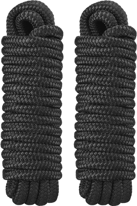 PACTHSD 2 Pack 3/4" x 30' Dock Lines - Marine Grade Nylon Boat Rope with 18" Loop for Docking and Mooring - Double Braided Boat Lines, High Strength, Easy Handling, Heavy Duty, Fray Resistant - Black