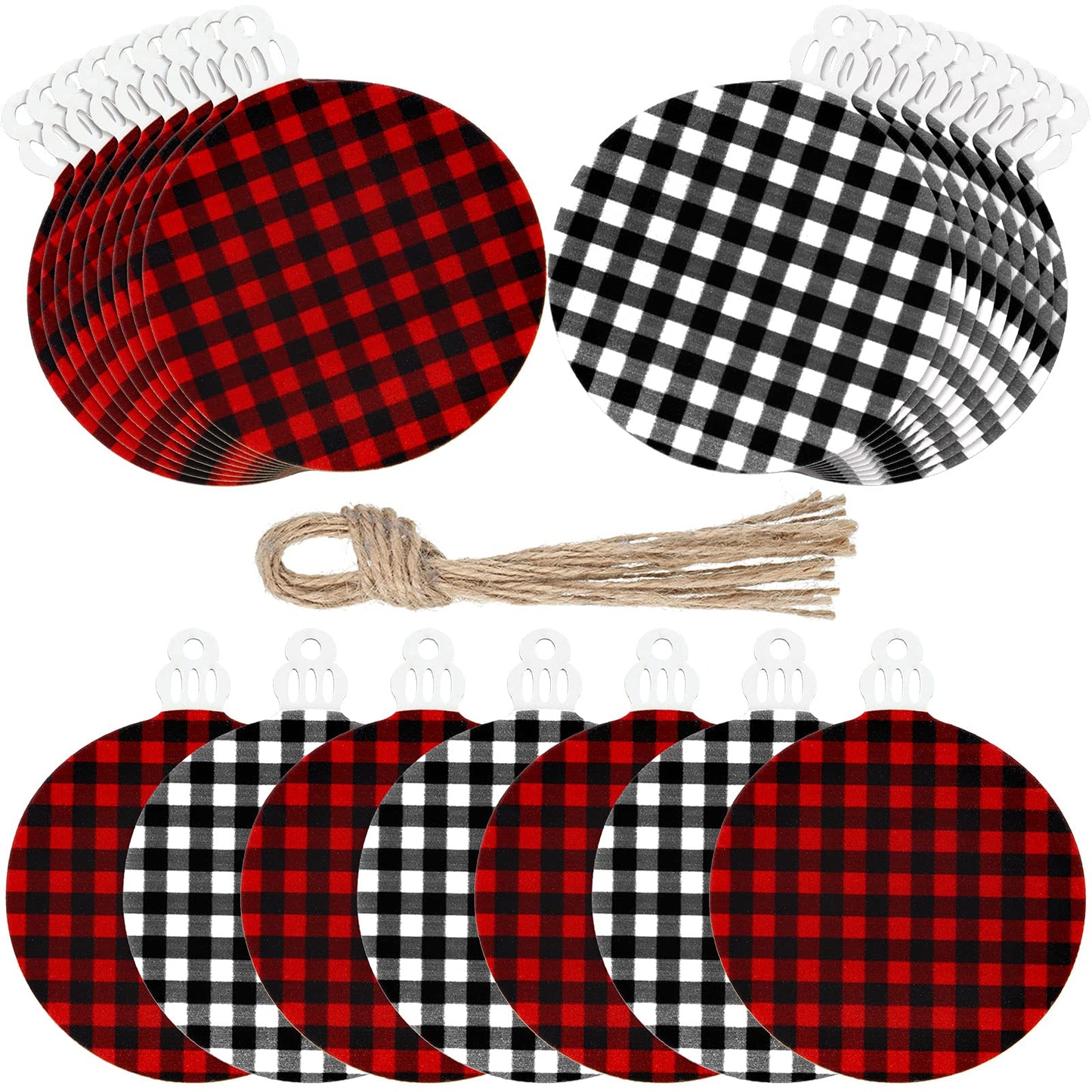 Jetec 96 Pieces Wooden Christmas Ornament 48 Pieces Predrilled Wood Slices 48 Pieces Twine Round Wooden Discs with Holes Unfinished Buffalo Plaid Blank for DIY Tree Decoration