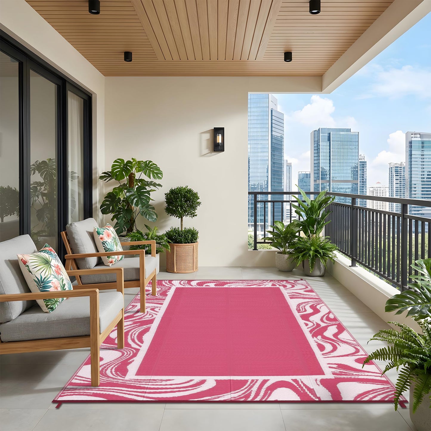 Garvee 5x8 Pink Waterproof Outdoor Rug Reversible Quick Dry Weather Resistant Plastic Straw Patio Rug for Deck,Porch,RV,Camping,Balcony,Beach, Foldable Outdoor Carpet Easy to Clean, Pink White