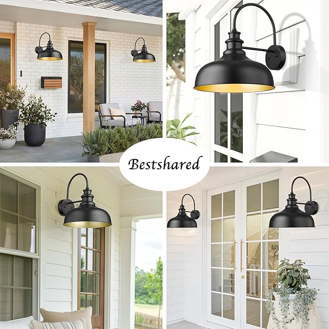 Bestshared Large Farmhouse Barn Lights 16 Inch Dome Outdoor Wall Lighting Fixture Industrial Gooseneck Sconces Exterior Mount Light, Black Outdoor Wall Lantern (1Pack, Black+ Gold)