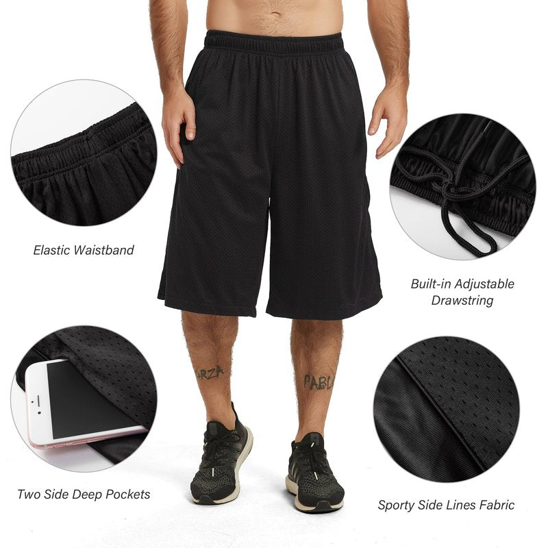 HQUEC Men's 12" Basketball Shorts Long Athletic Workout Gym Mesh Shorts Below Knee Loose-Fit with Pockets Black 2XL