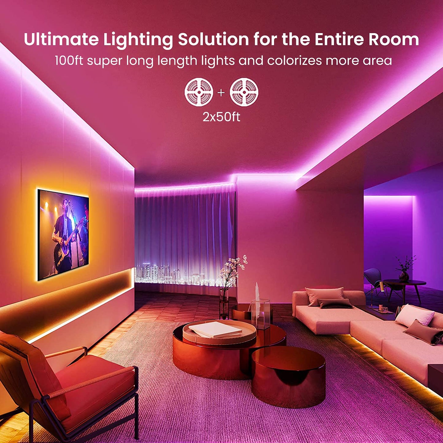 GUPUP Smart WiFi LED Strip Lights 50ft, Compatible with Alexa & Google Assistant, Color Changing, Music Sync, Voice Control, App & Remote Controlled Indoor Lighting for Bedroom, Party, Home
