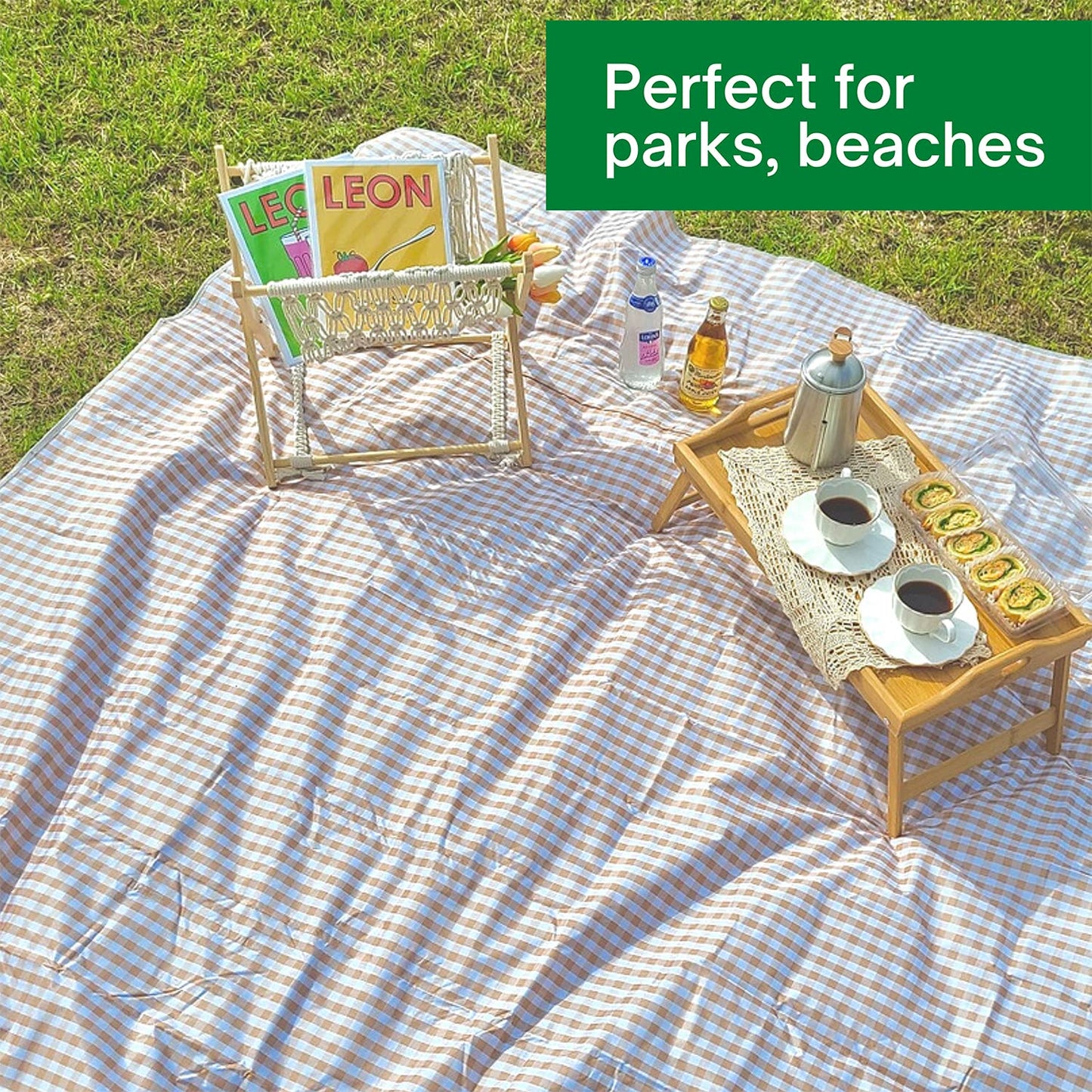 Beyond Thursday Cute Gingham Picnic Blanket, Waterproof Foldable, in Large 80x60in and Extra Large 80x80in, Portable Compact Beach Blanket, Oversized XL Outdoor Mat (Tan, X-Large)