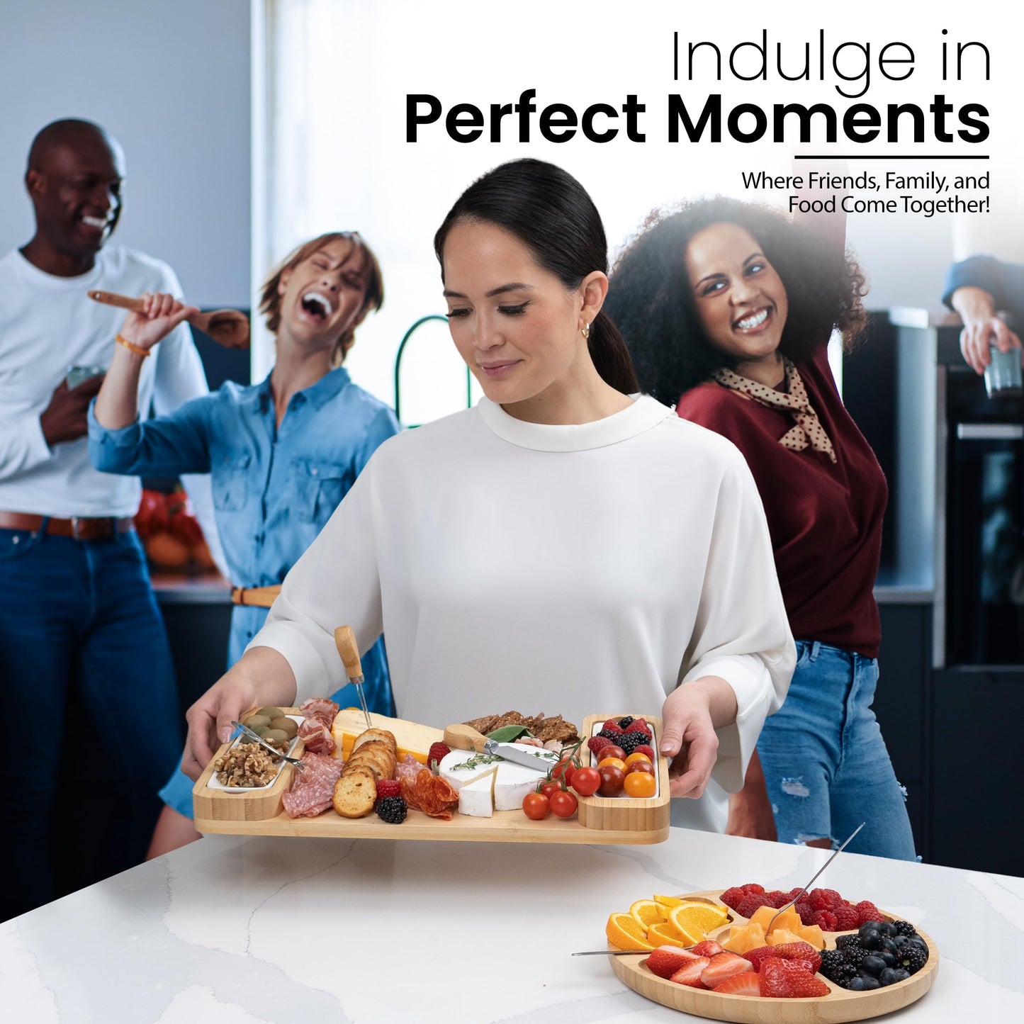 Charcuterie Board Gift Set - Bamboo Cheese Board & Serving Tray for Meat, Cheese, Crackers, Fruit - Large Wooden Charcuterie Boards for Parties - Wedding Gift, Housewarming, Gifts for Women & Couples