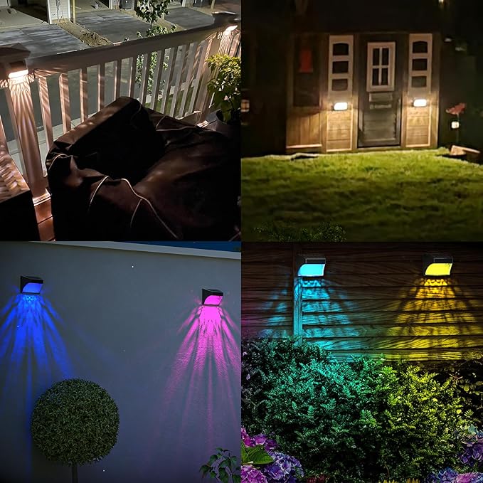 Solar Powered Fence Deck Lights Outdoor Waterproof Led IP65 RGB Color Changing/Warm White Auto On/Off Solar Step Lights for Outside Stair Garden Yard Wall Patio (2 Pack, Black)
