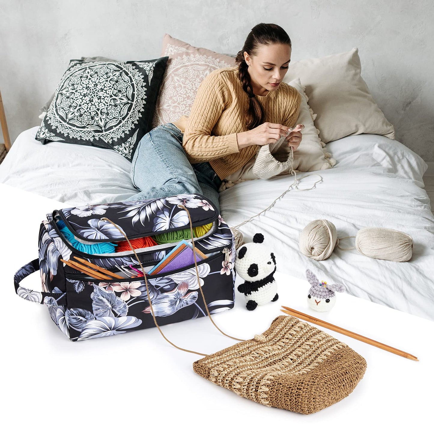 KALIDI Yarn Storage Knitting Bag Yarn Wool Crochet Hook Needles Accessories Organiser Holder Lightweight with Handle Strap