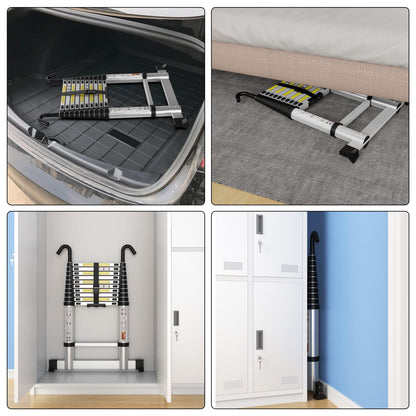 Telescopic Ladder 3.2M/10.5FT Aluminium Extension Loft Ladder with Stabilizer Bar and Detachable Hooks, Multi Purpose Extendable Portable Folding Ladders, 11 Steps, EN131