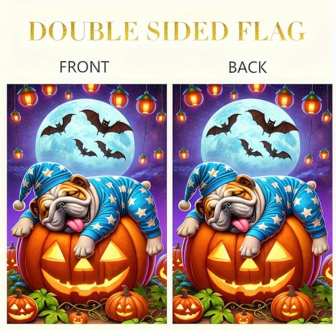 Halloween Garden Flag, 12x18 Inch Double-Sided Polyester, Pug Sleeping on Pumpkin Flag, Outdoor Patio Decoration, Festive Yard Banner, Easy to Hang (Only Garden Flag)