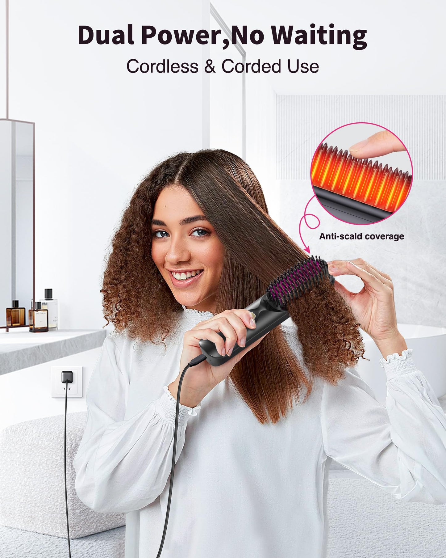 Cordless Hair Straightener Brush - Portable Hair Brush for Travel - 30s Fast Heating - 300 Million Negative Ions for Frizz-Free Shine,Touch Up On-The-Go,Gift for Women,10000mAh