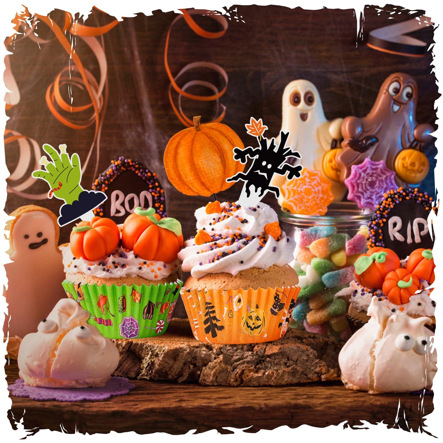 Homyplaza Halloween Cupcake Liners with Toppers Picks, Standard Wrappers Cupcake Disposable Baking Cups Muffin Liners for Halloween Party Decorations Supplies (150 Liners & 150 Toppers)