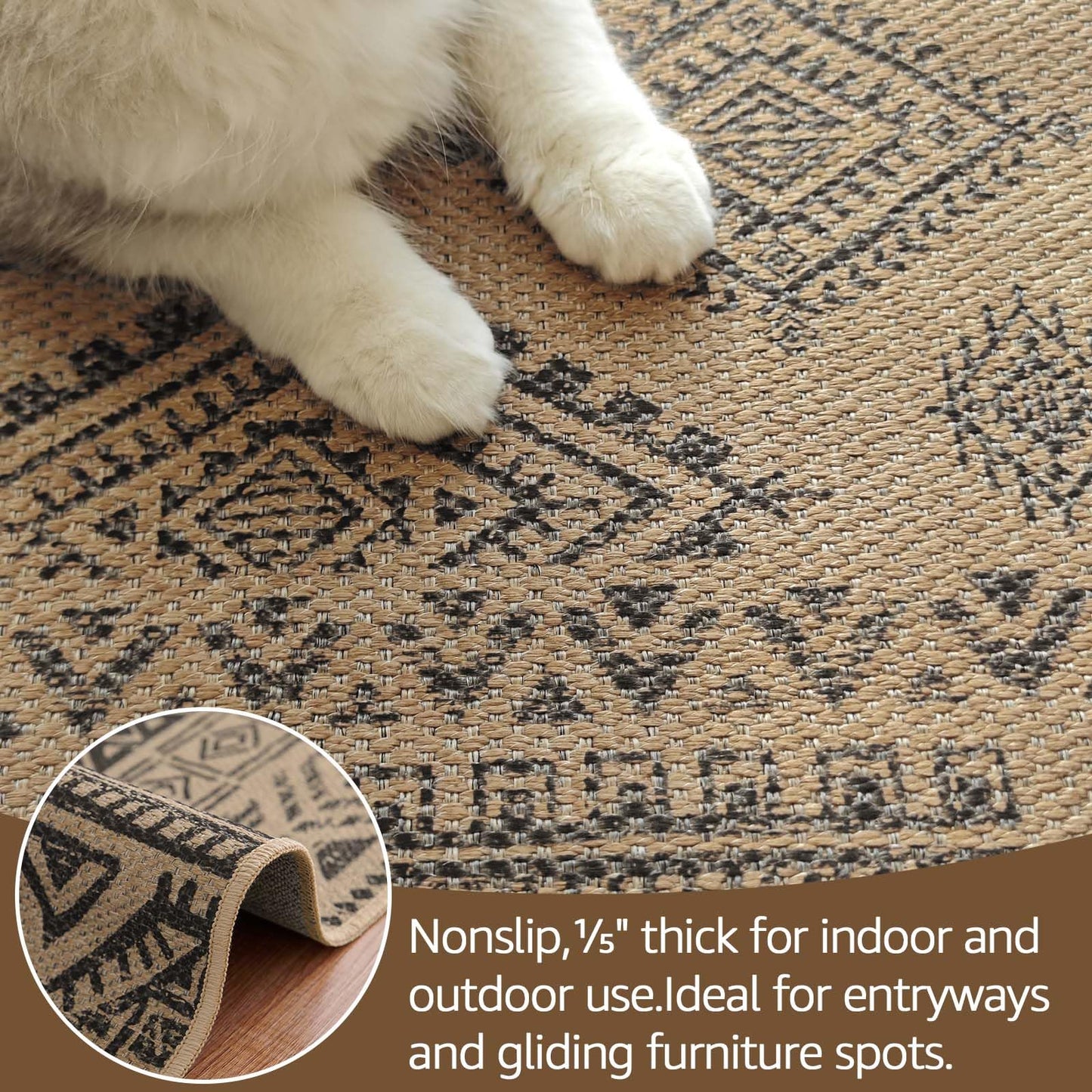 jinchan 5x7 Washable Faux Jute Area Rug, Boho Southwestern Geometric Natural Fiber Look Outdoor Rug, Low-Pile Non-Slip Floor Mat for Living Room Dining Room Bedroom Patio, Natural Charcoal