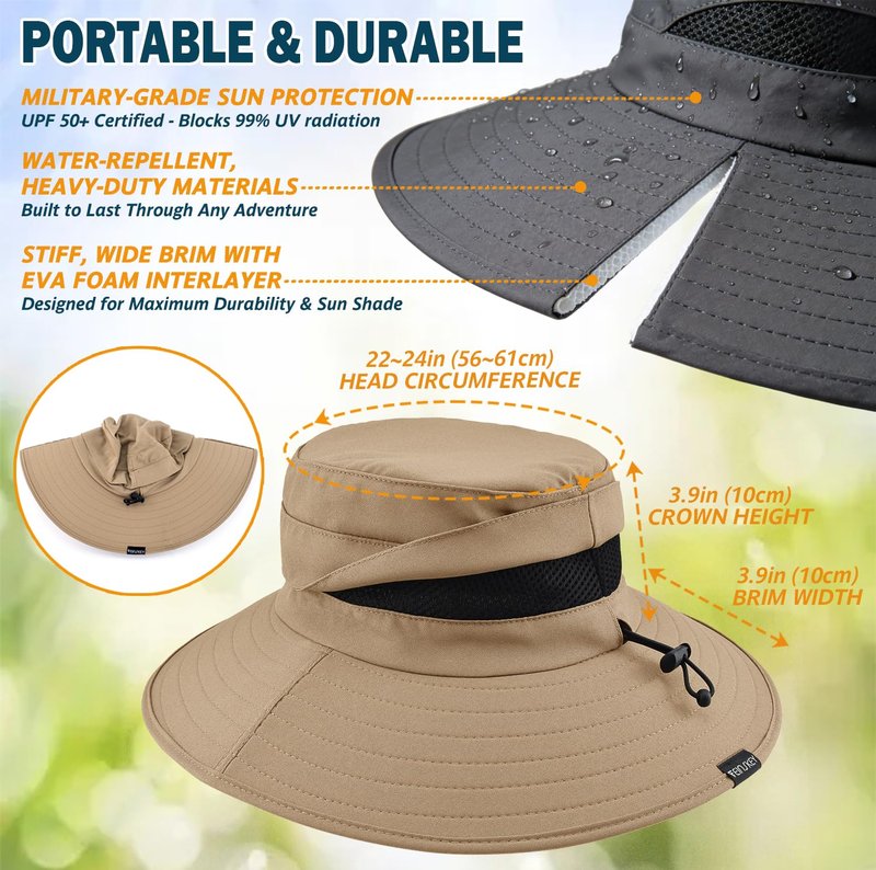 Men's UPF 50+ Waterproof Wide Brim Boonie Hat, Sun & Rain Protection