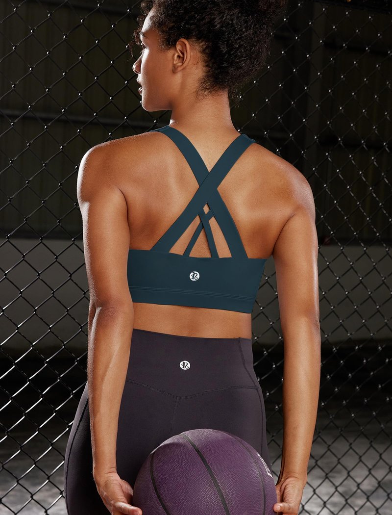 RUNNING GIRL White Sports Bra for Women, Criss-Cross Back Padded Strappy Sports Bras High Support Yoga Bra with Removable Cups(2353_Dark Blue_S)