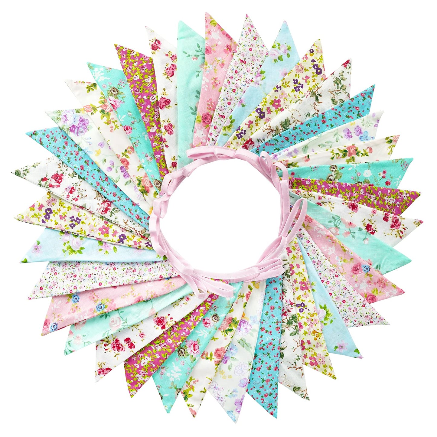 G2PLUS 36PCS Double Sided Fabric Bunting, 10M Blue and Purple Floral Cotton Banner, 17x19CM Large Triangle Garland Reusable for Indoor and Outdoor Party Decoration
