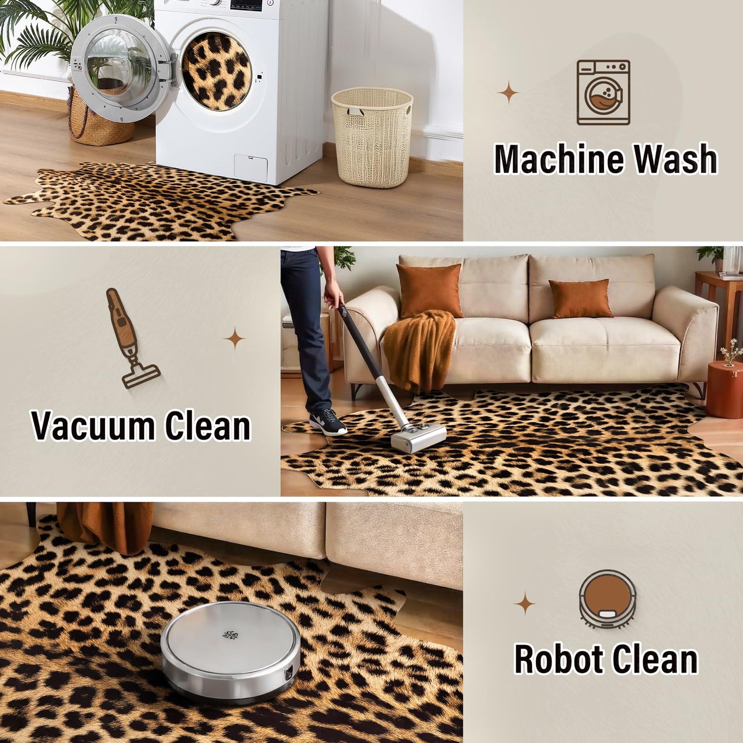AROGAN Premium Leopard Print Rug 4.6x5.2 Feet, Machine Washable Faux Fur Cheetah Rug, Non-Slip Animal Print Hide Leopard Skin Area Rug for Bedroom Living Room Home Decor