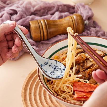 Ceramic Asian Soup Spoons, Easy to Hold, Long Handle Perfect Depth Spoon Set for Japanese Ramen Noodles, Chinese Dumpling, Pho, Miso, Wonton, Dishwasher Safe -Set of 4 - Blue