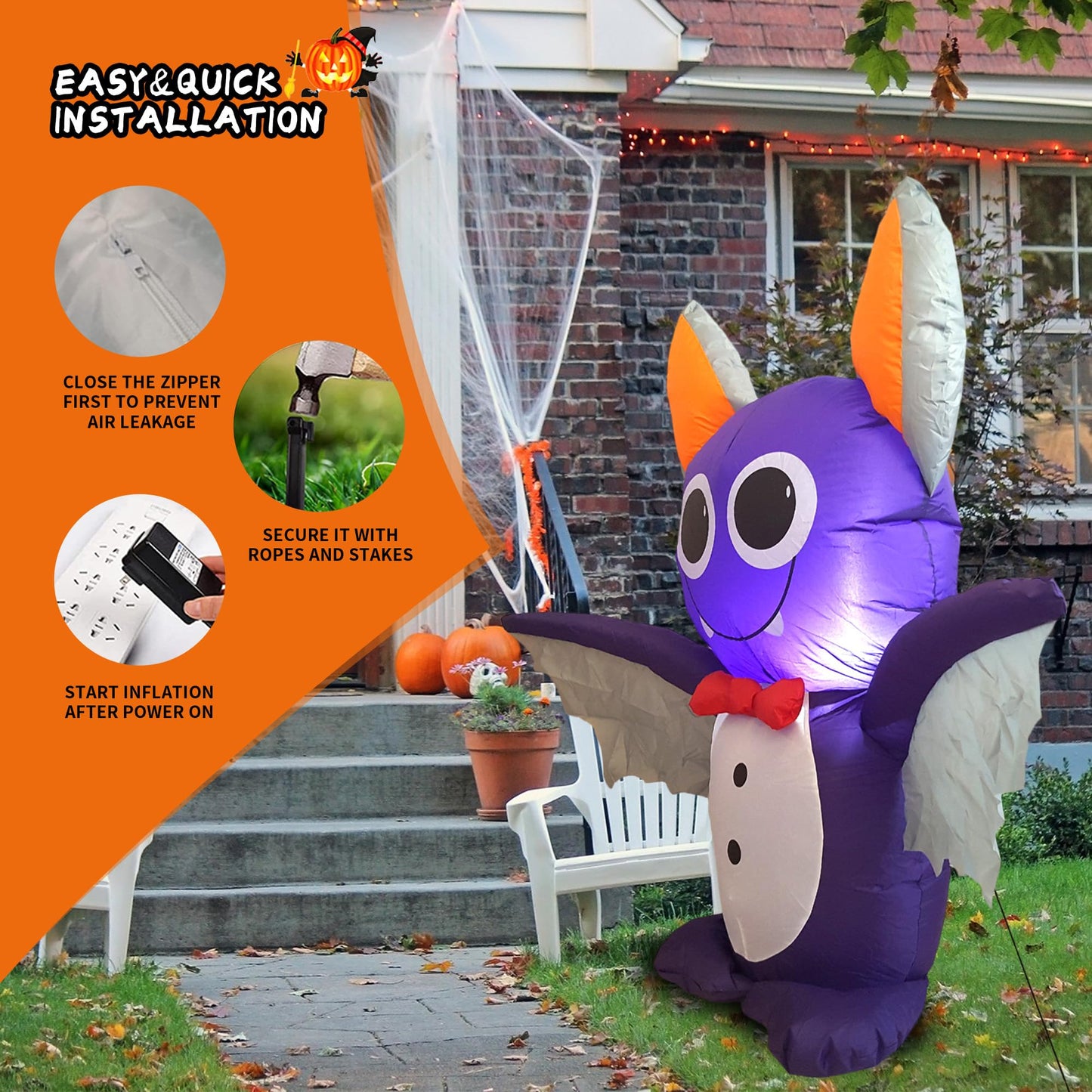 Dearsun 4FT H Adorable Halloween Inflatable Purple Bat with Build-in LED Lights Blow up Outer Indoor Decoration Large Party Yard Decoration