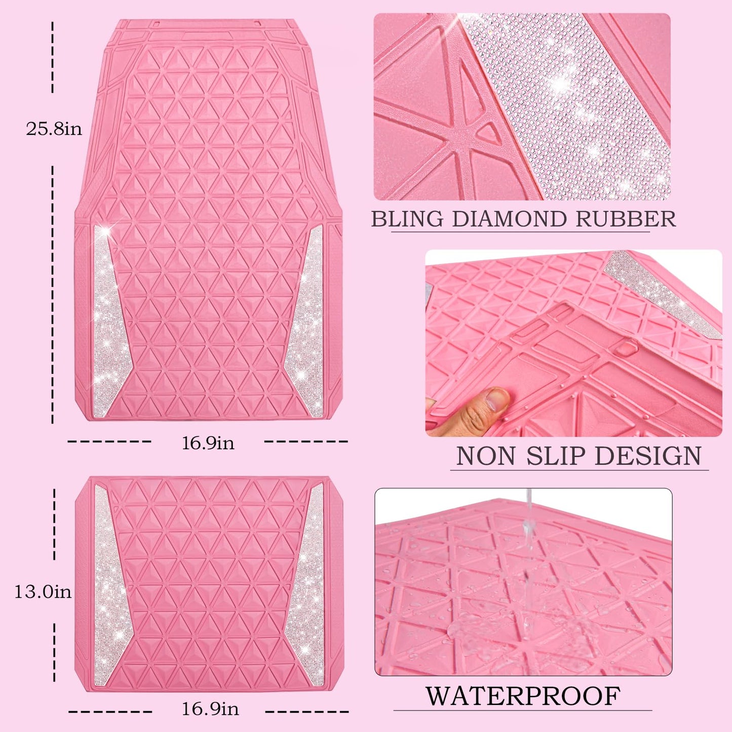 CAR PASS Bling Diamond Car Mats Rubber Floor Mats Full Set Anti-Slip 3D Rhombus Waterproof Trim to Fit Liner Universal Glitter Crystal Sparkly Shining Rhinestone Girl Women SUV Sedan Van, Pink Rubber