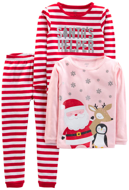 Simple Joys by Carter's Baby 3-Piece Snug-Fit Cotton Holiday Pajama Set, Pink Santa/Red Stripe, 5T