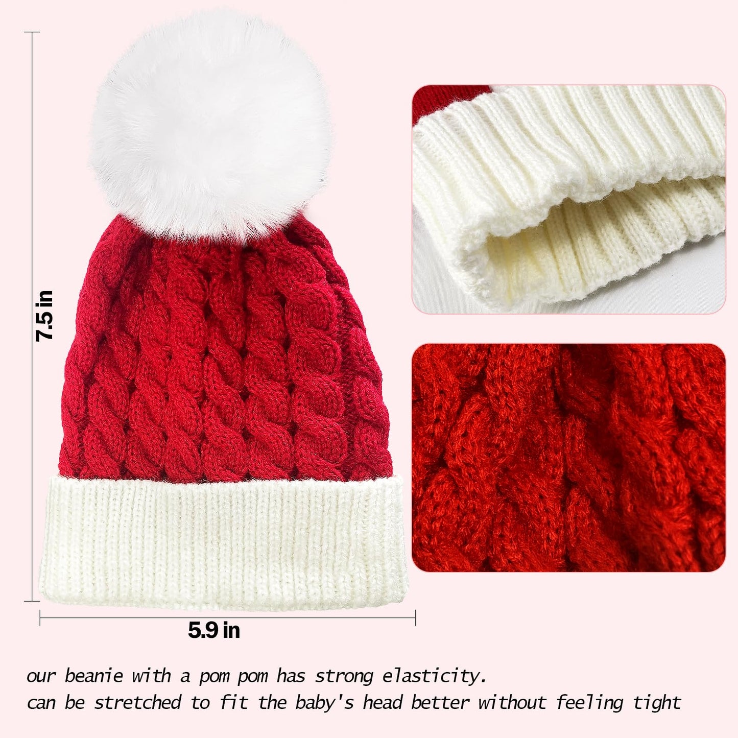 Christmas Knit Santa Hat Baby Knitted Beanie Hat for Infant‌ Toddler‌ 0 to 3 Years Old Red