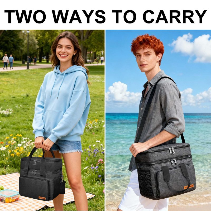 Prebargue Lunch Bag-Double Deck Insulated Lunch Box for Men Women, Soft Leakproof Thickened Cooler Bag for Work , Picnic, Outdoor, Camping, Travel with 2 Ice Packs(Black，15L)