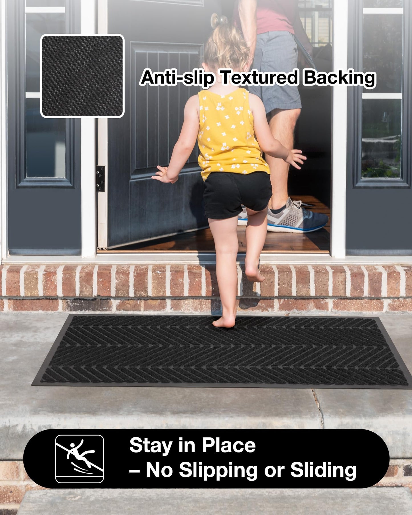 2′ x 6′ Heavy Duty Front Door Mat Indoor Outdoor Entrance, Easy Clean Non-Slip All Weather Commercial Floor Mat for Entryway, No Curling Waterproof Vinyl Welcome Mat (Black)