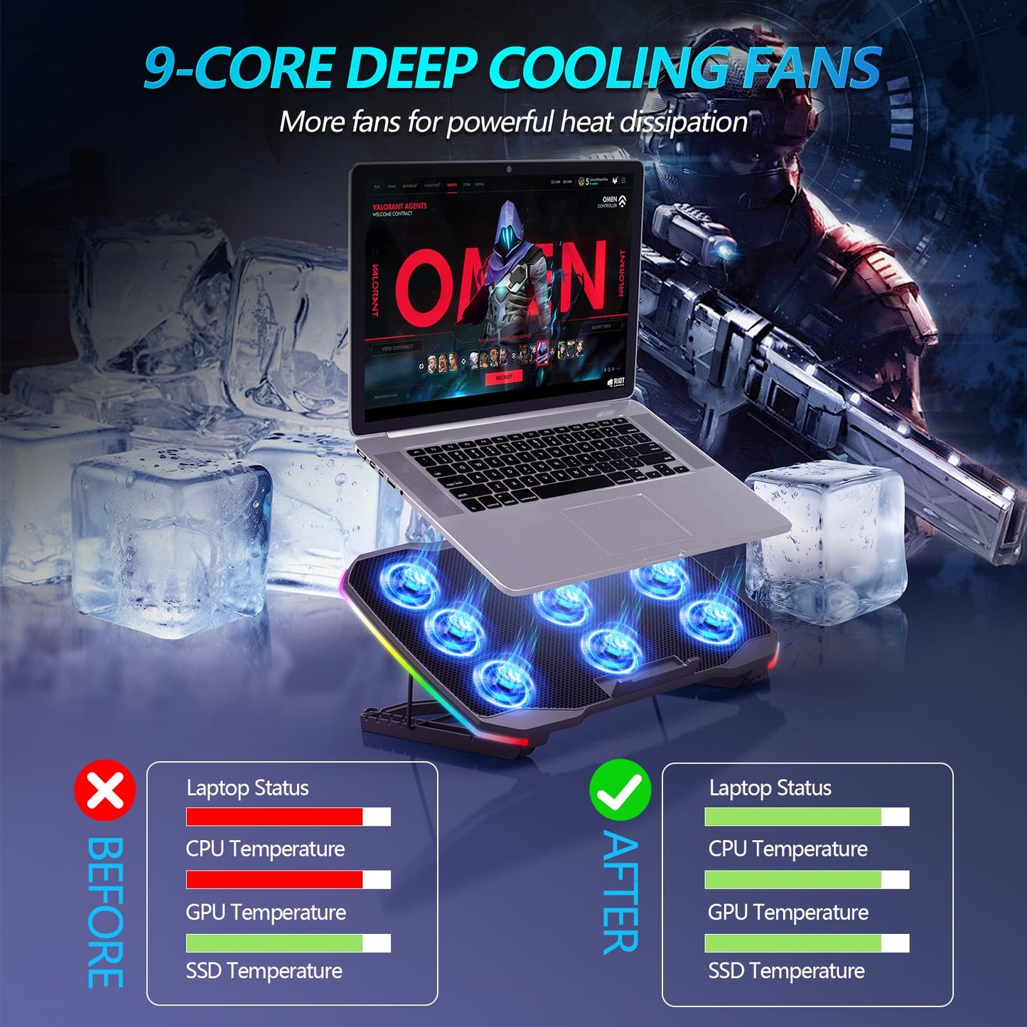 AIMIUZI Laptop Cooling Pad, Gaming Laptop Cooler with 9 Quiet Fans, Laptop Cooling Stand for 12-17 Inch, Laptop Computer Fan with 5 Height Adjustable,2 USB Ports,1 Phone Stand