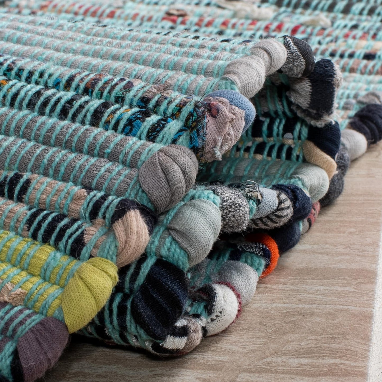 SAFAVIEH Area Rug 8x10 - Rag Collection - Large - Turquoise & Multi, Handmade Cotton, Boho Stripe Pattern, Ideal for Living Room, Bedroom, Office, Dining Space (RAR127C)