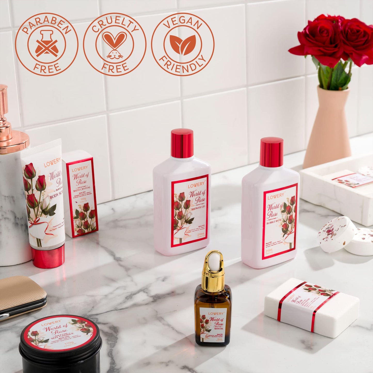 Valentines Day Gifts for Her, Red Rose Spa Gifts for Women, Bath and Body Gift Set, 35 Piece Stress Relief Spa Kit Gift Basket, Birthday, Mom, Nail Care Kit - Body Scrub, Bubble Bath, Bath Bomb & More