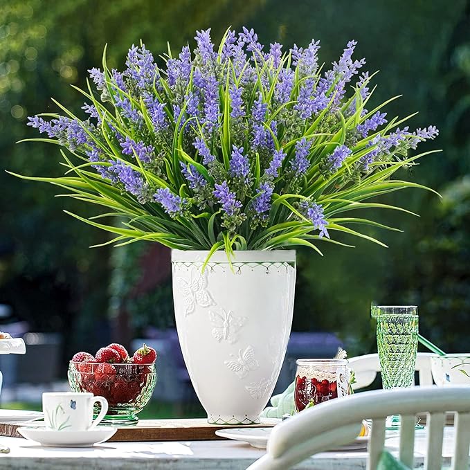 36 Bundles Artificial Plants Outdoor, 18.2" UV Resistant Faux Monkey Grass Greenery Stems No Fade Faux Plastic Flowers Shrubs for Home Weddings Garden Porch Front Patio Office Decor - Purple