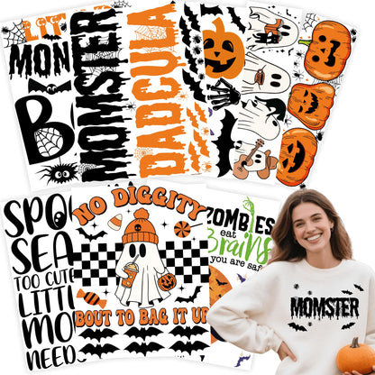 DIY Halloween Shirts for Women Kids Trick or Treat Bags Iron-on Heat Transfer Vinyls Set for Halloween Basket Pajamas Pillow Covers Blanket Tablecloth Runner Personalized Gifts Home Decorations