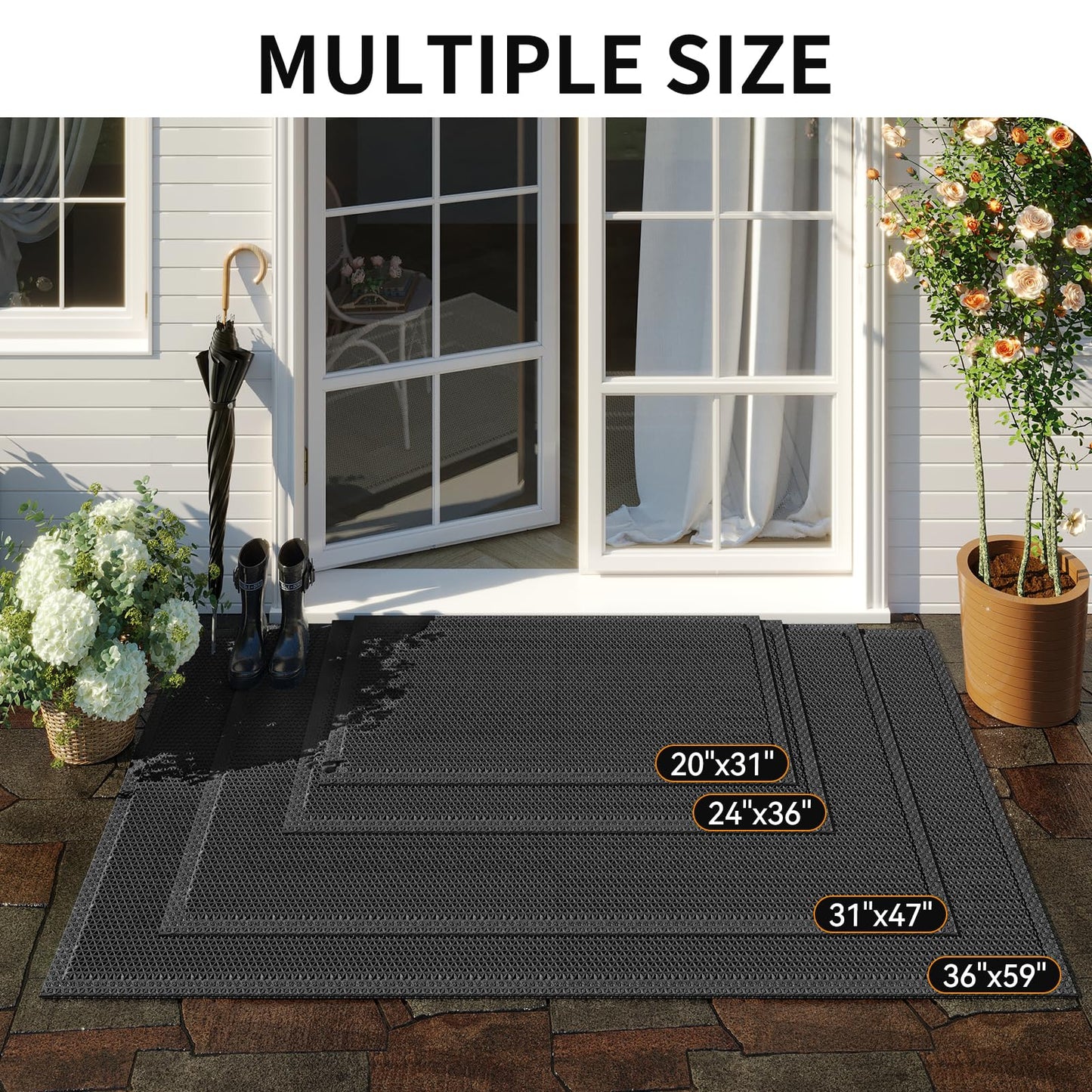 QiCaiJia Front Door Mat 24''x71'', Drainage Heavy Duty Dirt Trapping Non-Slip Doormats, Outdoor Rubber Floor Mats, Restaurant Commercial Kitchen Industral Pool Entrance Bar Wet Area, Black