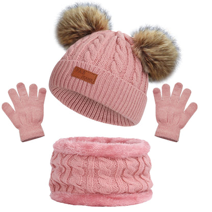 beifon Kids Winter Warm Beanie Hat Scarf Gloves Set Thermal Knit Crochet Thick Fluffy Toddler Cap Pom Pom Bobble Hat with Faux Fur for Girls Boys Children Aged 3-8