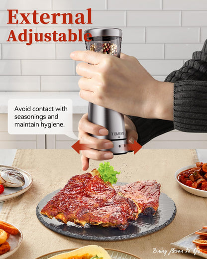 TOMEEM Electric Salt and Pepper Grinder Set with Storage Base, Stainless Steel Rechargeable Salt and Pepper Grinder Set, 4.5oz Large Capacity, 1.8" Wide Mouth, Adjustable Coarseness, Ideal for Kitchen