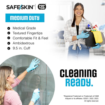 SAFESKIN* Nitrile Disposable Gloves in POP-N-GO* Pack, Medium Duty, Medium Size, Powder-Free - For Food Handling, First Aid, Cleaning, Gardening, Crafting - Exam Gloves, 50-Count