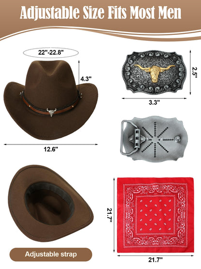 Toulite 4 Pcs Western Outfits for Men Cowboy Tassel Vest Hat Belt Buckle Paisley Bandana for Halloween Cosplay (Brown, Coffee, Red,X-Large)