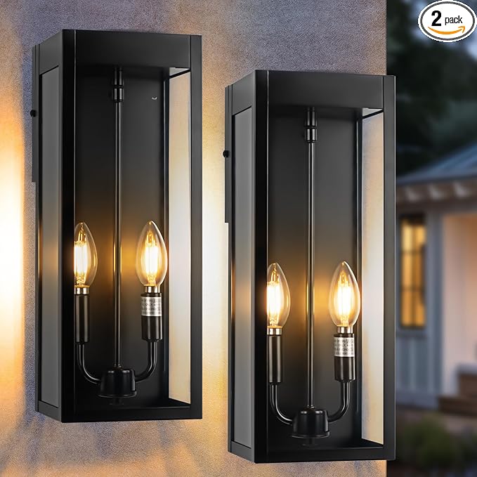 Outdoor Wall Lights 16 Inch Large, 2 Pack Black Modern Exterior Lighting Fixtures Wall Mounted with 2-Candle Light, Waterproof Outside Wall Sconces Coach Lamps Porch Lanterns for House E12