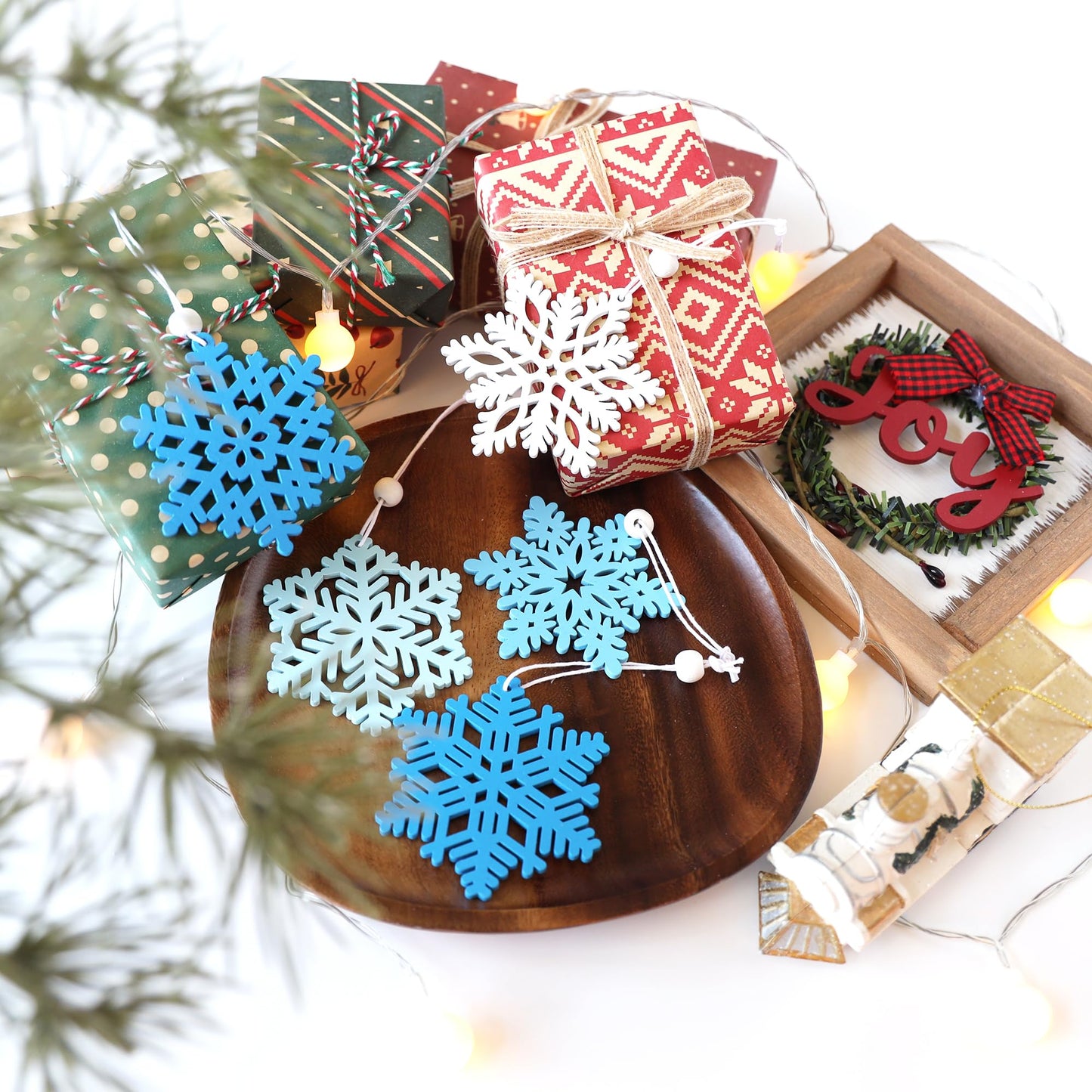 16Pieces Blue Snowflakes Ornaments 3inch Wooden Snowflake Christmas Tree Ornament for Winter Wonderland Christmas Decoration DIY Crafts 8 Styles