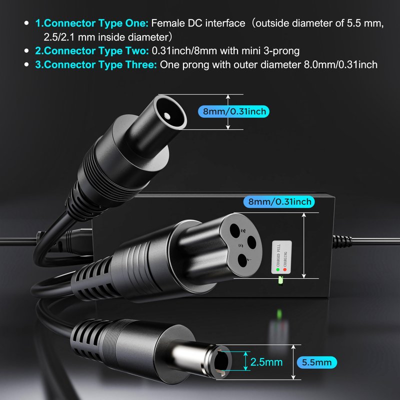 EVAPLUS SGS Certified 42V 2A Charger 3 Plugs(8mm 3-Prong, 5.5mm DC connectors and 8mm/0.31in one-Prong) Universal for 36V Lithium Battery