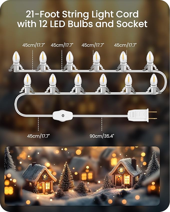 Christmas Village Lights with 12 LED Warm White Bulbs, C7 Light Cord for Christmas Village Houses, Pumpkin Crafts, Halloween & Holiday Decorations