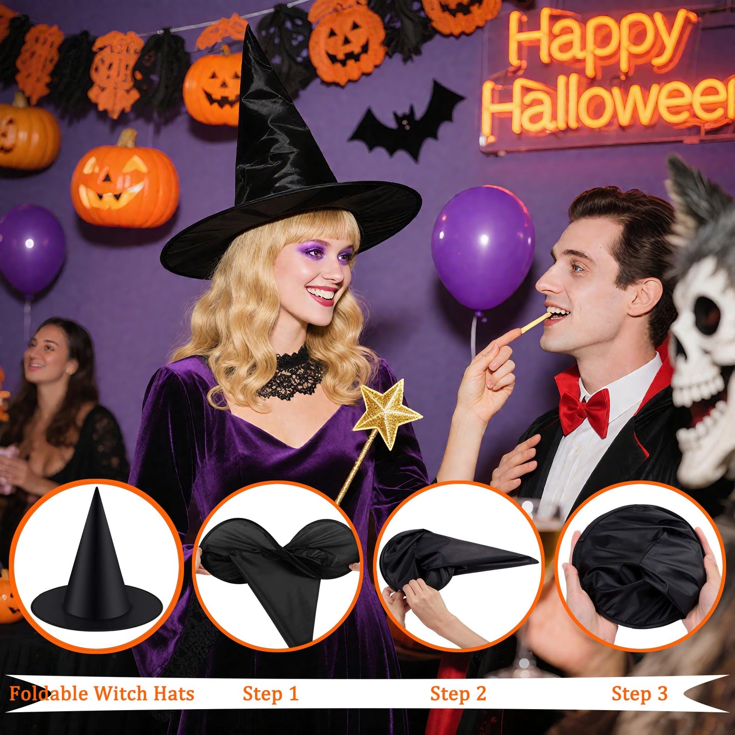 Tepoobea Halloween Decorations Black Witch Hats, 8 Pack Hanging Witches Hats & 32Pcs 3D Bats Halloween Decorations Outdoor Indoor