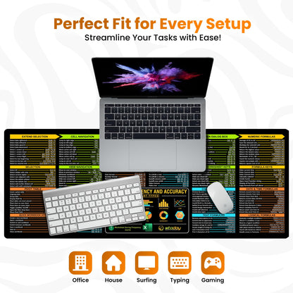 Excel Shortcuts Mouse Pad - Extended XL Office Keyboard Mat (31.5" x 11.8") Inch, Excel Mouse Pad Shortcuts, Stitched Edges | Non-Slip Base Excel Cheat Sheet Desk Pad