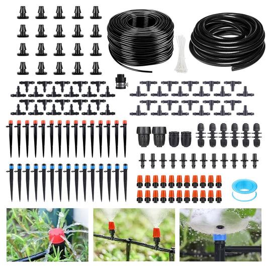256FT Drip Irrigation System Kit, 163PCS Automatic Garden Watering Misting System with 1/4" Distribution & 1/2" Hose Tubing and Accessories for Greenhouse, Yard, Lawn, Plant