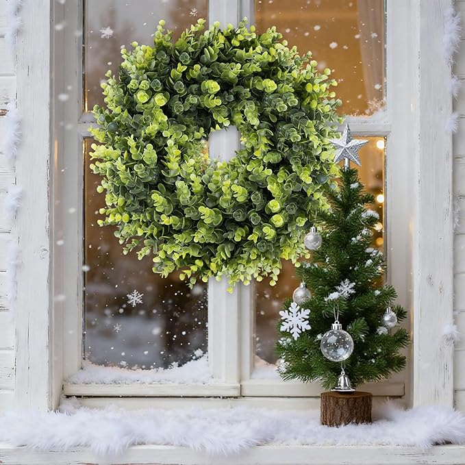 Christmas Boxwood Wreath Door Wreath 16-18In Christmas Door Wreaths for Front DoorWreath Winter Spring Summer Indoor OutdoorWreath Farmhouse Artificial Greenery Wreaths Home Decoraction