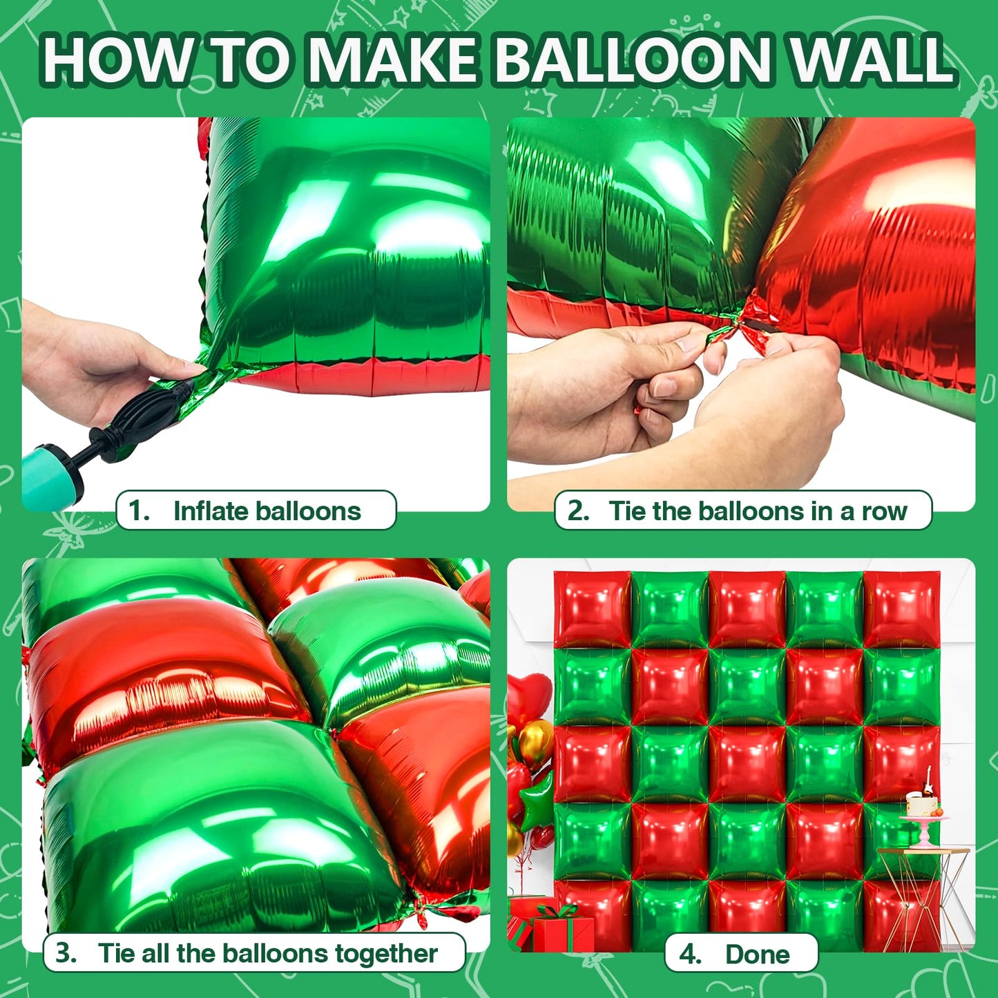 NISOCY 25PCS Christmas Balloons Red Green Square Foil Balloon Wall Backdrop Double Sided Metallic Red Balloons Arch Kit for New Years Birthday Anniversary Bridal Baby Shower Party Decorations