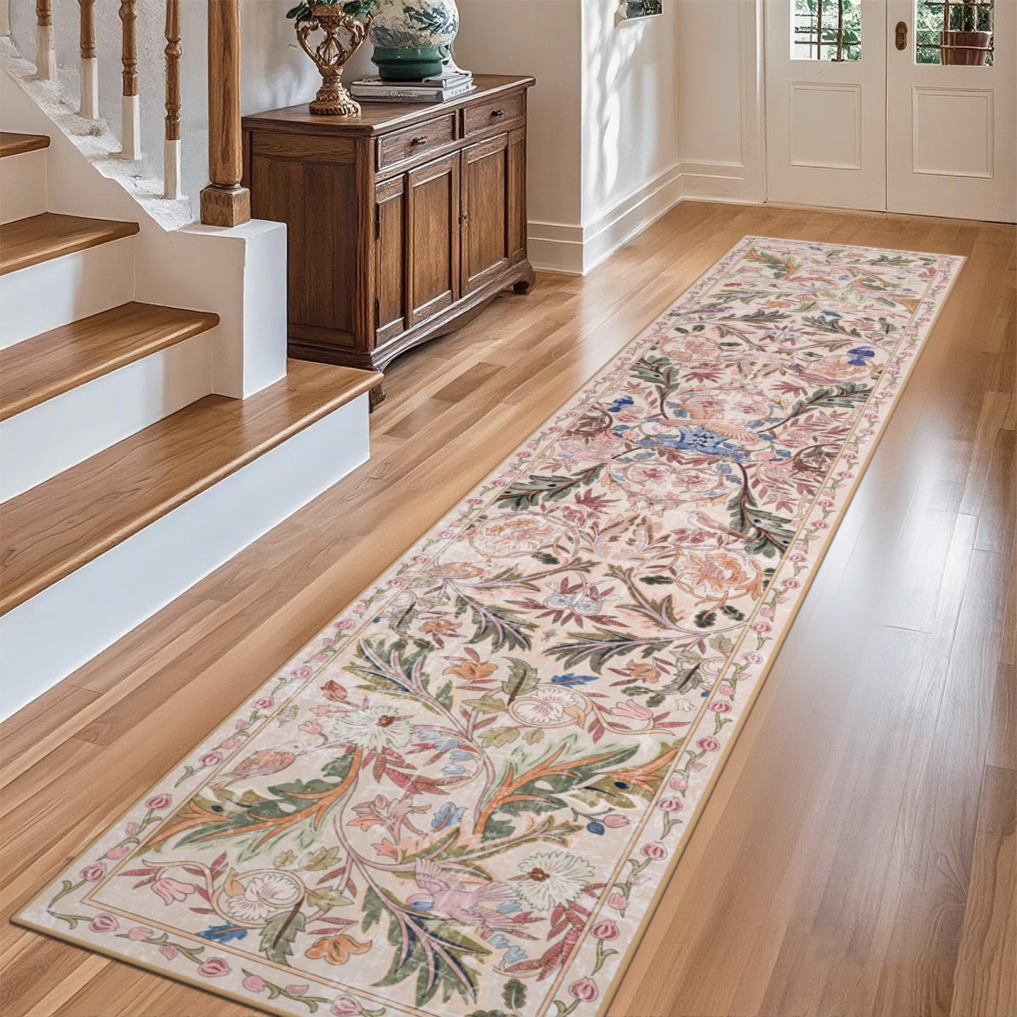 nesrt Jungle Runner Rug for Hallway 2x10Ft, Non Slip Washable Long Bird Kitchen Runner Rugs, Soft Boho Floral Forest Floor Jungle Carpets for Hall Entryway Laundry Bedroom Farmhouse Decor (Pink)