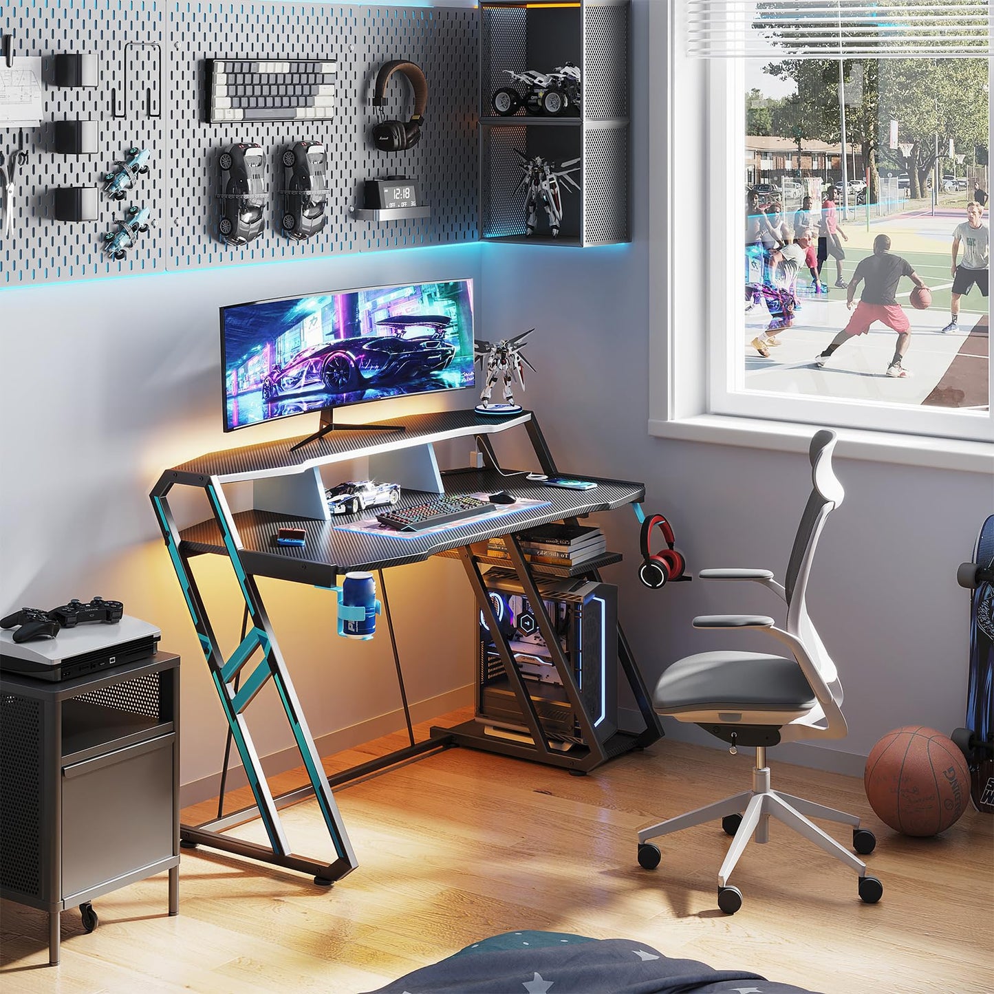 MOTPK Gaming Desk with Power Outlet & LED Lights, Computer Desk 47inch with PC Storage Shelf, Gaming Table with Carbon Fiber Texture, Gamer Desk, Gift for Boys Men, Black